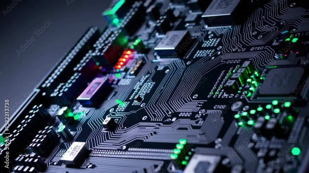 Poster electronic circuit board with blinking lights, glowing components, and intricate pathways showcasing