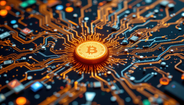 Digital bitcoin coin is centered on circuit board with glowing orange and blue electronic pathways radiating outward, symbolizing cryptocurrency technology and digital finance