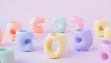 Multicolored, sculpted letters in a pastel color scheme.