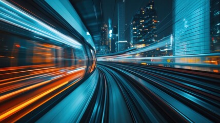 Fototapeta premium High-speed train navigates through a futuristic cityscape at night among illuminated skyscrapers and vibrant lights