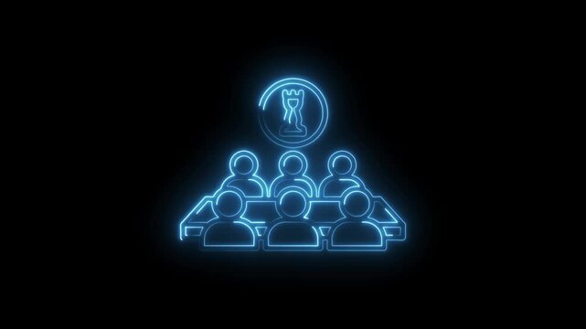 Neon outlined group of people sitting at a table with chess icon design