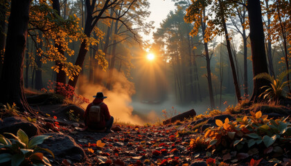 Person sitting in forest during sunrise with mist and autumn leaves, creating peaceful and serene atmosphere, evoking feelings of tranquility and connection with nature