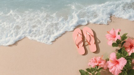Pink flip flops on sandy beach with ocean waves and tropical hibiscus flowers perfect for summer vacation ads, beachwear branding and tropical travel promotions