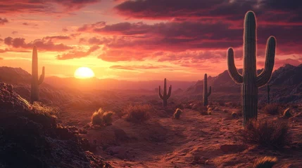 Sunset over a desert landscape with cacti and mountains under a colorful sky