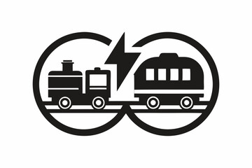 Train with lightning inside of two big circles halloween, vector, silhouette,  illustration, horizontal, isolated assets,