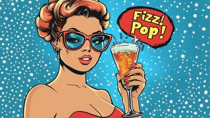 Pop art woman drinking sparkling wine with changing backgrounds - Powered by Adobe