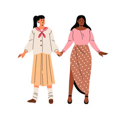 Happy African American and Asian girls hold hands. Diverse young women are friends. Interracial lesbian couple standing together. International friendship. Flat isolated vector illustration on white