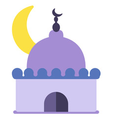 A minimalist purple mosque illustration with a dome and crescent moon, symbolizing Islamic culture and spirituality in a clean, simple design.