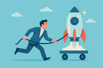 Entrepreneur initiative idea, ambition to push effort to success, start new business or company with creativity development, innovation or invention concept, businessman pull new creative rocket.