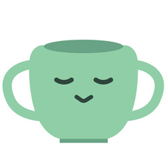 Cute green cup with closed eyes and calm face in flat style. Perfect for coffee or tea illustrations, cozy scenes, and kid-friendly designs.

