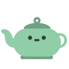Flat illustration of green teapot with neutral sad face. Ideal for emotion-themed visuals, children’s books, or kitchen cartoon object designs.

