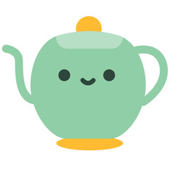 Cute green teapot with smiling face in flat cartoon style. Perfect for cozy tea-themed illustrations, kids' designs, or cute kitchenware visuals.