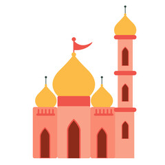 Flat vector illustration of red mosque with golden domes and flag. Great for Ramadan, Eid Mubarak greeting visuals, or Islamic architecture theme design use.

