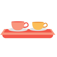 Red and yellow tea cups on a tray in flat illustration. Suitable for Ramadan iftar icons, café themes, or beverage and hospitality design elements.

