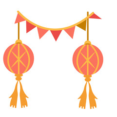 Pair of red hanging lanterns with festive flag banner. Great for Eid celebration illustrations, Islamic design themes, or holiday vector decoration packs.

