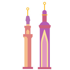 Fototapeta premium Two decorative minarets in pink and purple flat style. Great for Islamic architecture sets, Eid visuals, or Ramadan-themed design projects and posters.