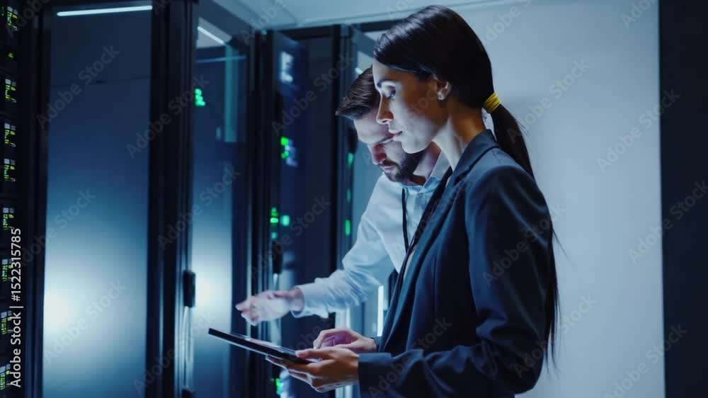 Aufkleber IT professionals discussing network server maintenance in data center with focused teamwork and technology collaboration
