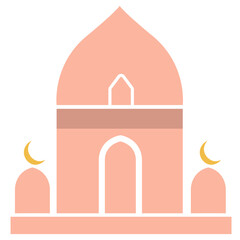 Simple flat mosque illustration with twin domes and crescent moons. Perfect for Islamic design themes, Ramadan greetings, and cultural celebrations.

