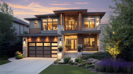 Fototapeta premium Modern suburban home with clean lines in golden light, conveying serene contemporary living