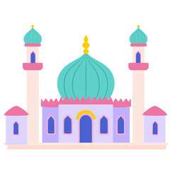 A minimalist pastel-colored mosque illustration with a dome and turrets, symbolizing Islamic architecture and spirituality in a clean, simple design.

