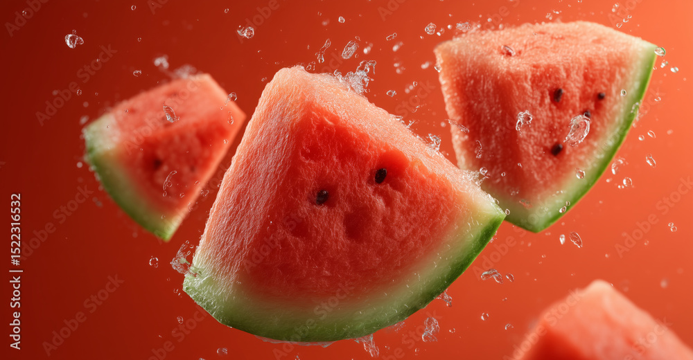 Poster colorful watermelon slices are airborne, creating splashes of water droplets in an energetic display