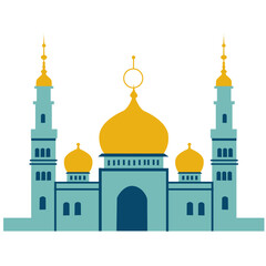 A minimalist blue mosque illustration with a dome and turrets, symbolizing Islamic architecture and spirituality in a clean, simple design.

