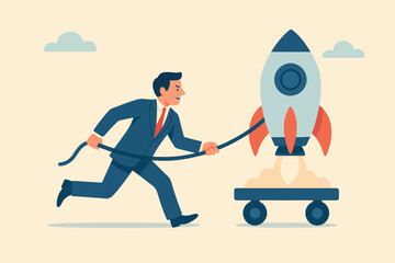 Entrepreneur initiative idea, ambition to push effort to success, start new business or company with creativity development, innovation or invention concept, businessman pull new creative rocket.
