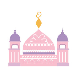 A pastel minimalist illustration of a mosque with a dome, symbolizing Islamic culture and spirituality in a clean, simple design.

