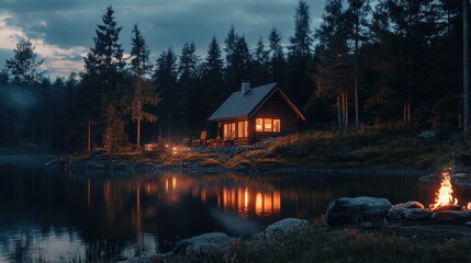 Fototapeta premium Cozy cabin by the lake surrounded by trees during twilight with a campfire glowing nearby