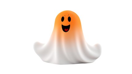 A smiling ghost with an orange head and white sheet on a black background illustration isolated on transparent background