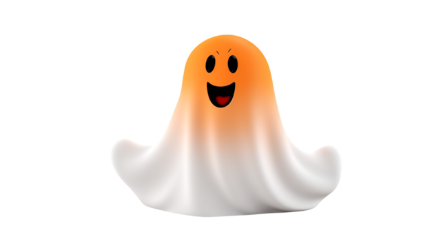 A smiling ghost with an orange head and white sheet on a black background illustration isolated on transparent background