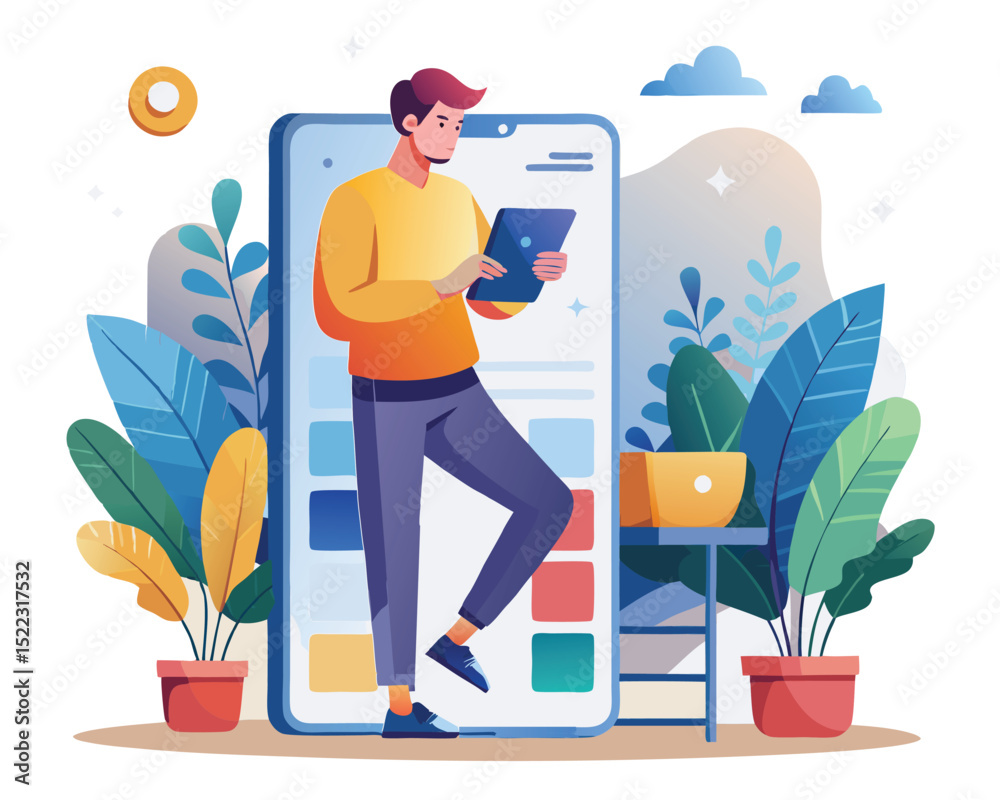 Wall mural man using tablet mobile app development vector illustration