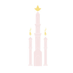 A pink minaret with a crescent, representing Islamic architecture. Simple design ideal for spiritual, religious, and cultural projects