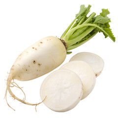 Fresh white Korean radish with slice on the white background, White radish on white PNG File.