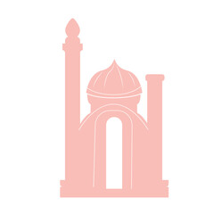 A pink mosque with a dome and architectural design, representing Islamic culture and spirituality. Ideal for religious, cultural, and minimalistic projects