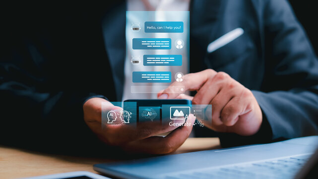 AI chatbot conversation interface on smartphone held by businessman. Digital assistant technology for customer service, automation, smart reply, and virtual support.