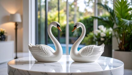 Elegant White Swans on Marble Tabletop