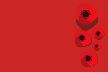 Red poppies on a red background. Remembrance and Reconciliation Day. We never forget. vector illustration