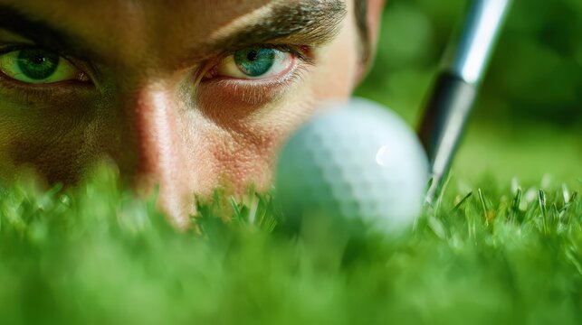 Focused golfer lines up a shot, eyes locked on the golf ball amid lush green grass, preparing with precision and concentration.
