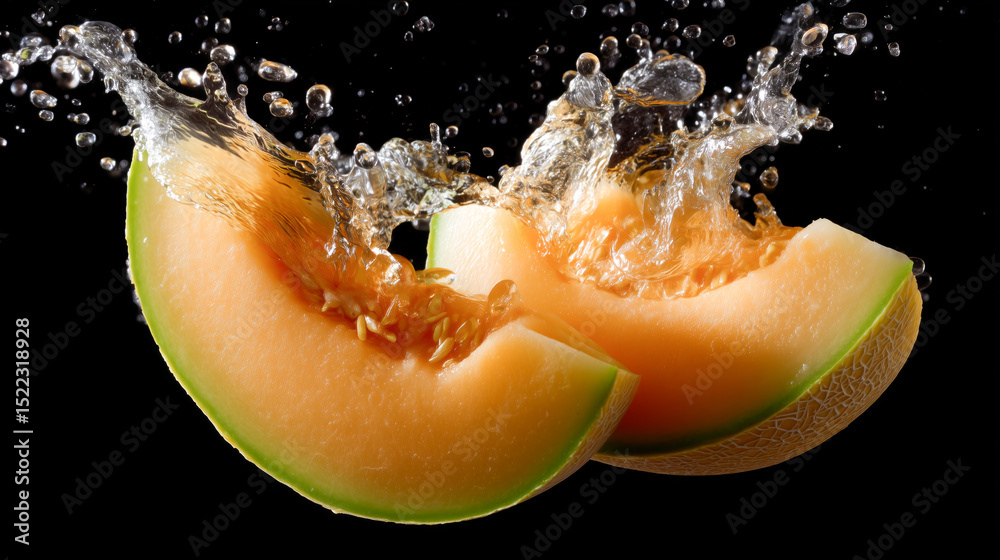 Poster cantaloupe slices drop into water, creating splashes and bubbles. the vibrant orange flesh contrasts