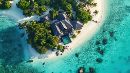 Fototapeta premium Luxurious tropical villa surrounded by turquoise waters at a private beach in a serene location
