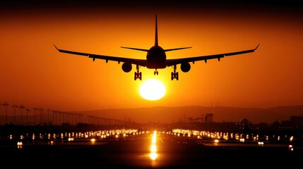 An airplane lands on a runway at sunset, silhouetted against a vibrant orange sky.