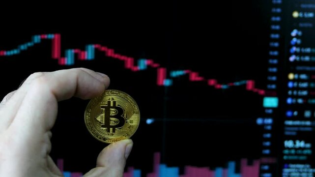 Trader showing bitcoin while cryptocurrency value is decreasing on the market