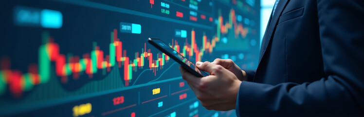 business professional uses tablet navigate network structures analyze stock charts within financial technology