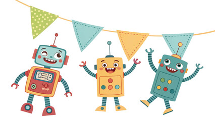 Adorable Cartoon Robots Party Bunting Illustration Fun, Festive, and Playful Robot Friends