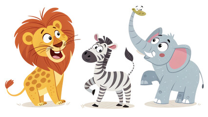 Adorable Cartoon Safari Animals Lion, Zebra, Elephant Illustration