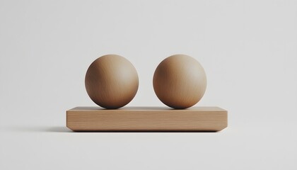 Two light beige spheres resting on a light beige wooden platform.
