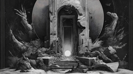 album art for avant-garde doom band | death and decay | paranoiac awe | ashen monochrome | central collapse | liminal doorways | fragmented limbs | monochrome toning | nightmare folklore | visionary