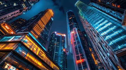 Obraz premium Illuminated skyscrapers reflect vibrant colors along the futuristic skyline at night