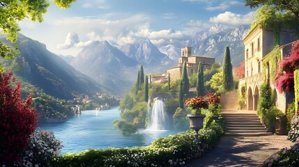 Fototapeta premium Green valley surrounded by hills and flowing river high resolution picture